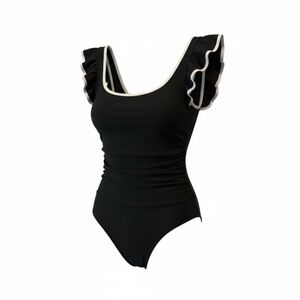 Black One-Piece Swimsuit with Ruffle Sleeves & Bow Back